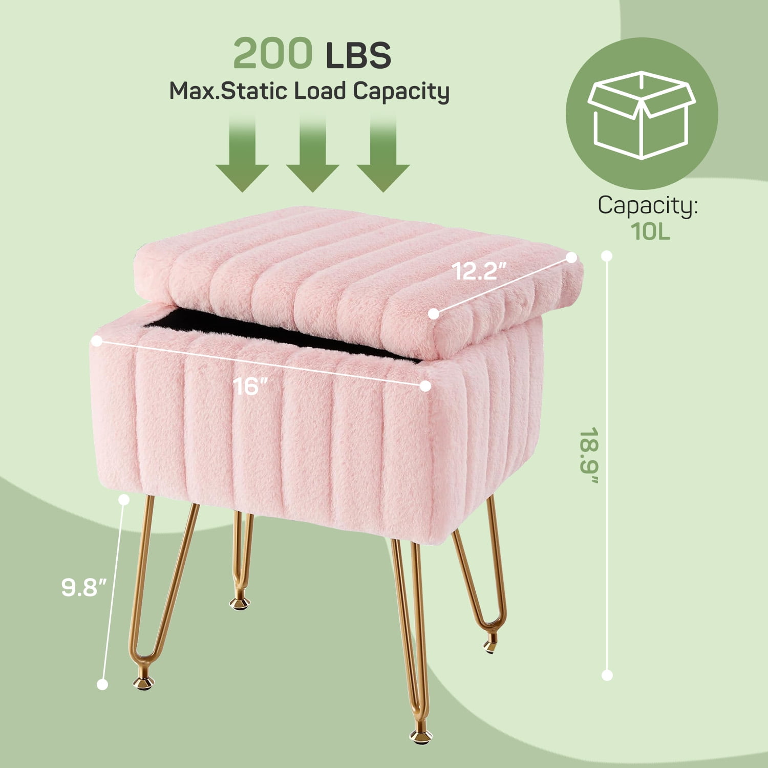 Parcus Faux Fur Vanity Stool with Storage, 16"L x 12.2"W x 18.9"H, Makeup Ottoman Chair with Padded Seat, 4 Metal Legs & Adjustable Anti-Slip Feet
