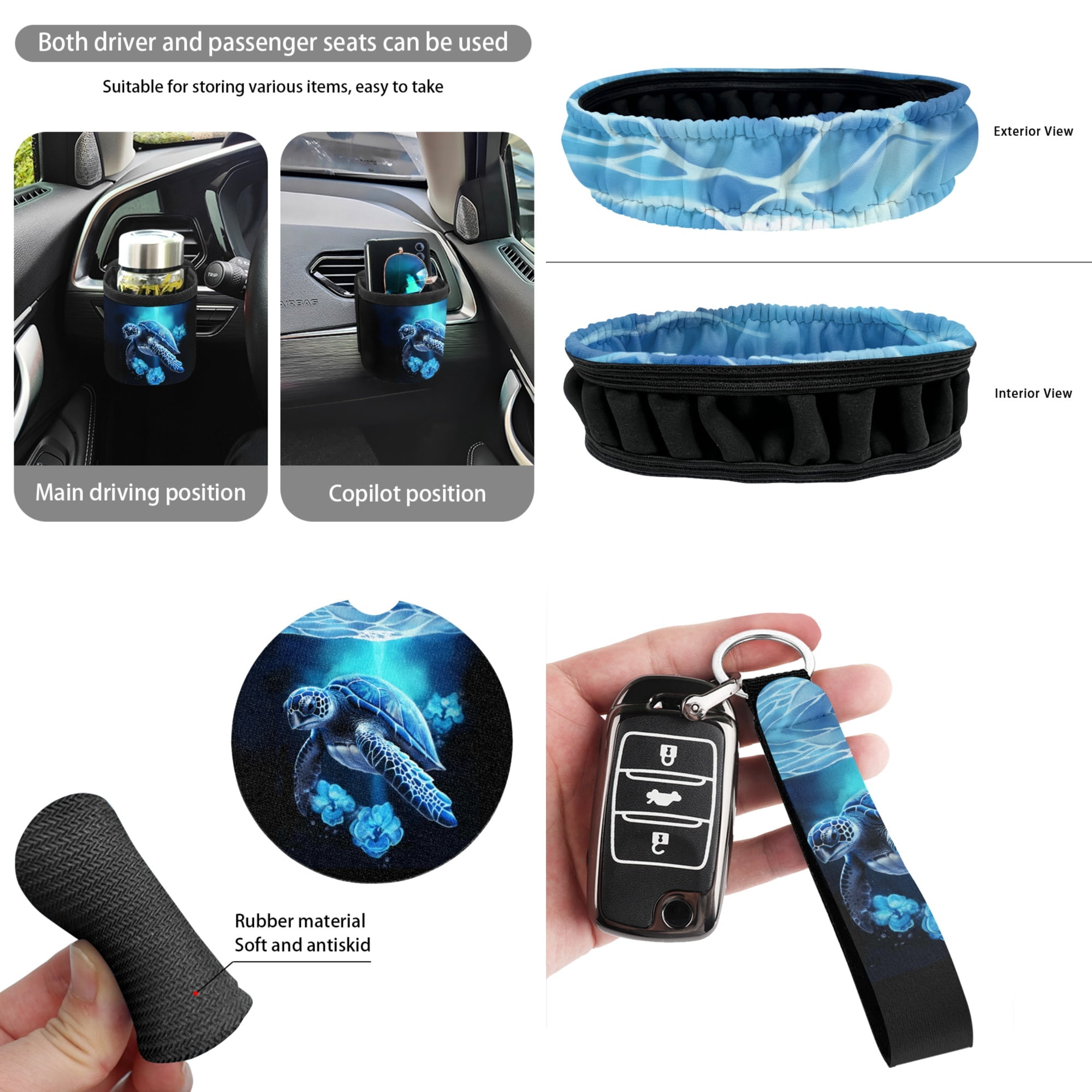 Yuyamidu Blue Sea Turtle Car Seat Cover Full Set with Steering Wheel Cover Hibiscus Seat Belt Strap Cover Trash Can Rear View Mirror Cover Cup Coasters Keychain Air Vent Storage Bag, 15 PCS