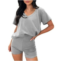 Timegard Summer Outfits for Women 2 Piece V Neck Tee Slim Shorts Casual Comfy Workout Sets Solid Color
