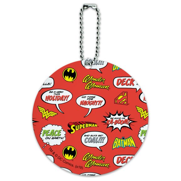 Justice League Holiday Speech Bubbles Pattern Round Luggage ID Tag Card Suitcase Carry-On