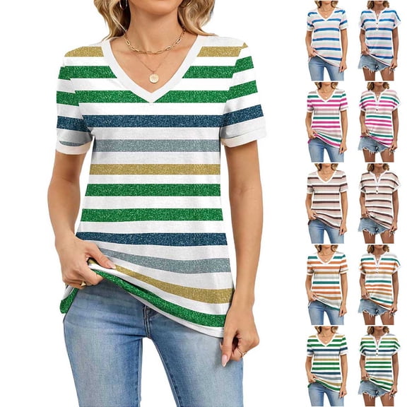 Otvok Women's Striped Print Short Sleeve Blouses Button V-Neck Pullover Casual Fashionable Top