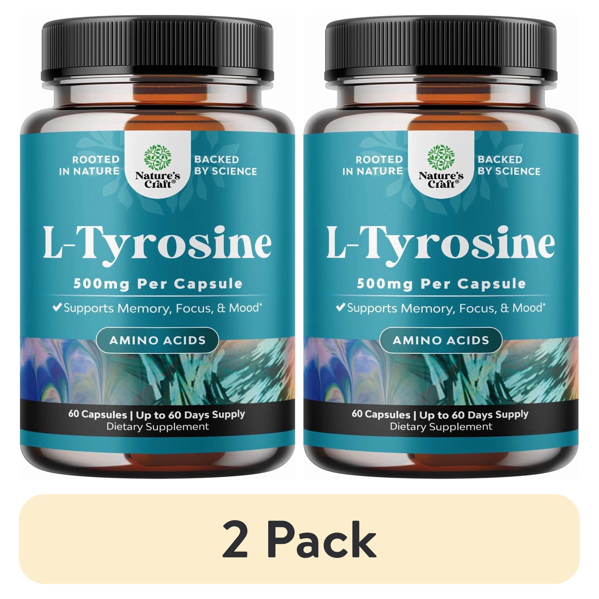 (2 pack) Natures Craft 500 mg L-Tyrosine Amino Acid Supplement for Energy and Focus Support, 60 Capsules