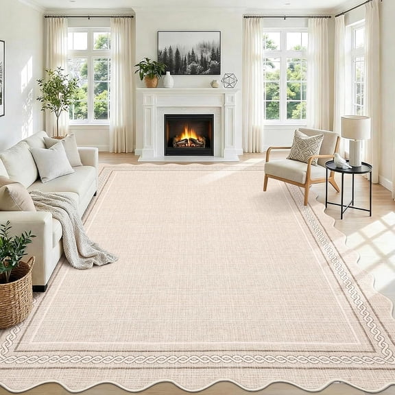 Scalloped Washable 8x10 Area Rugs for Living Room Non Slip Soft Solid Beige Bedroom Rugs Low Pile Foldable Large Area Rug Stain Resistant Carpet for Nursery Dining Room Playroom, Beige