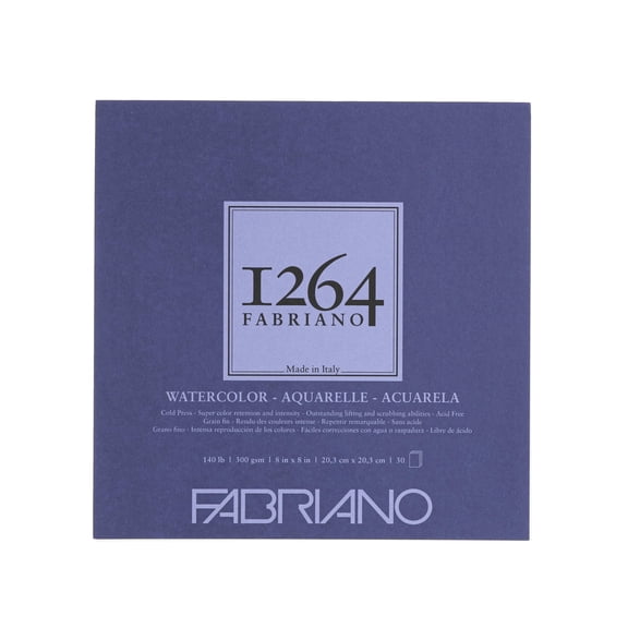 Fabriano 1264 Watercolor Pad, Glue Bound, 8x8, 140 lb, 30 Sheets, 100% Alpha-Cellulose, Wet Media
