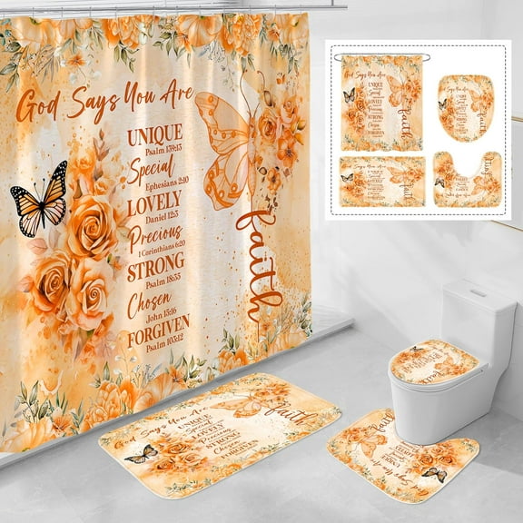 4 Pcs Yellow Butterfly Inspirational Quotes Shower Curtain Set with Rugs and Toilet Lid Cover, Colorful Boho Waterproof Fabric Bathroom Set, Bible Verse Floral Bathroom Decor Set Accessories