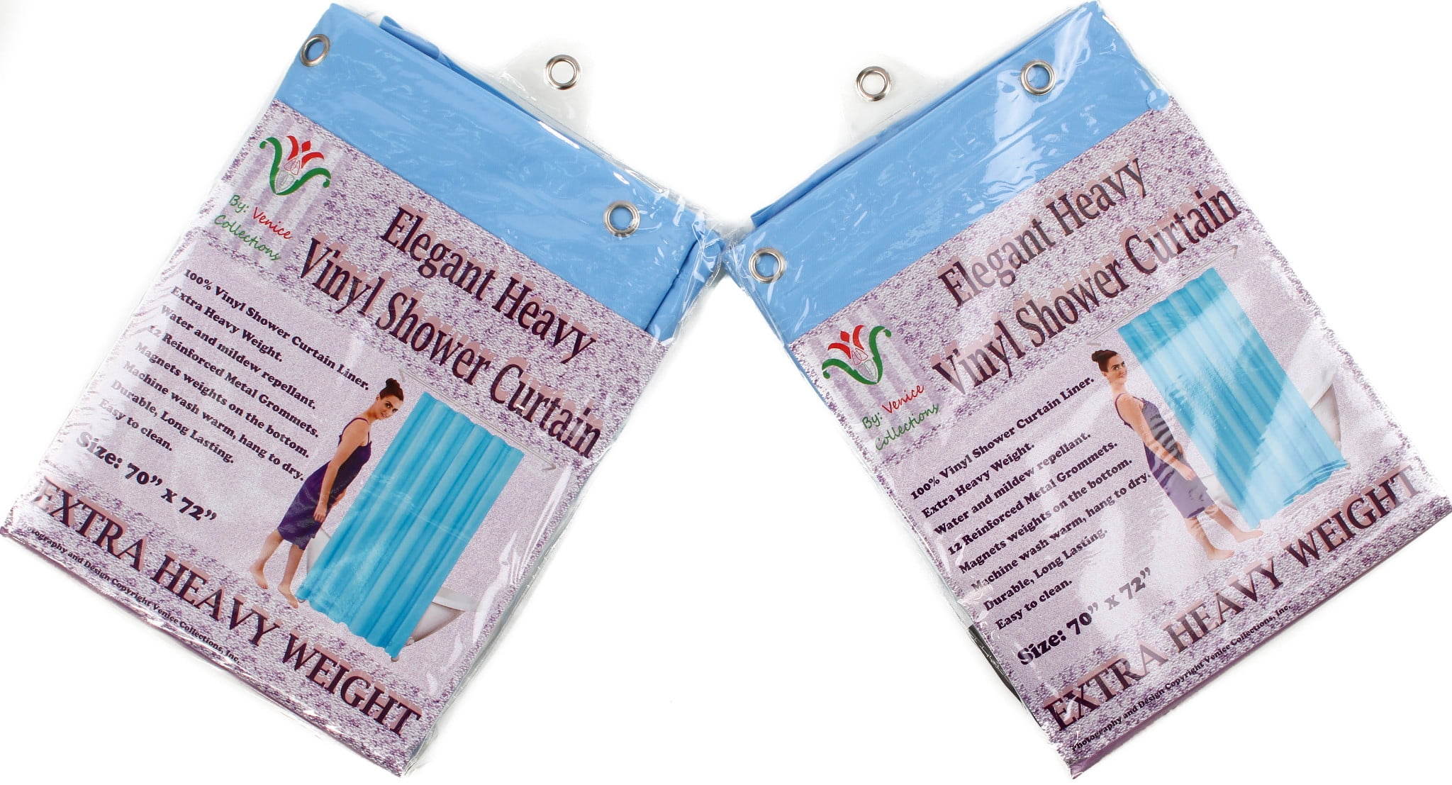 Venice Elegant Home Heavy Duty Vinyl Shower Curtain Liner With 12 Metal Grommets 2-Pack Sky Blue