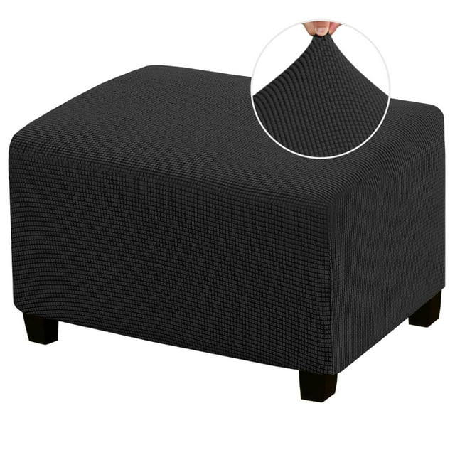 PrinceDeco Stretch Ottoman Cover Ottoman Slipcovers Rectangle for Living Room Foot Stool Stretch Covers to Fit Ottoman Foot Rest, Thick Checked Jacquard Fabric with Elastic Bottom (Large Size, Black)