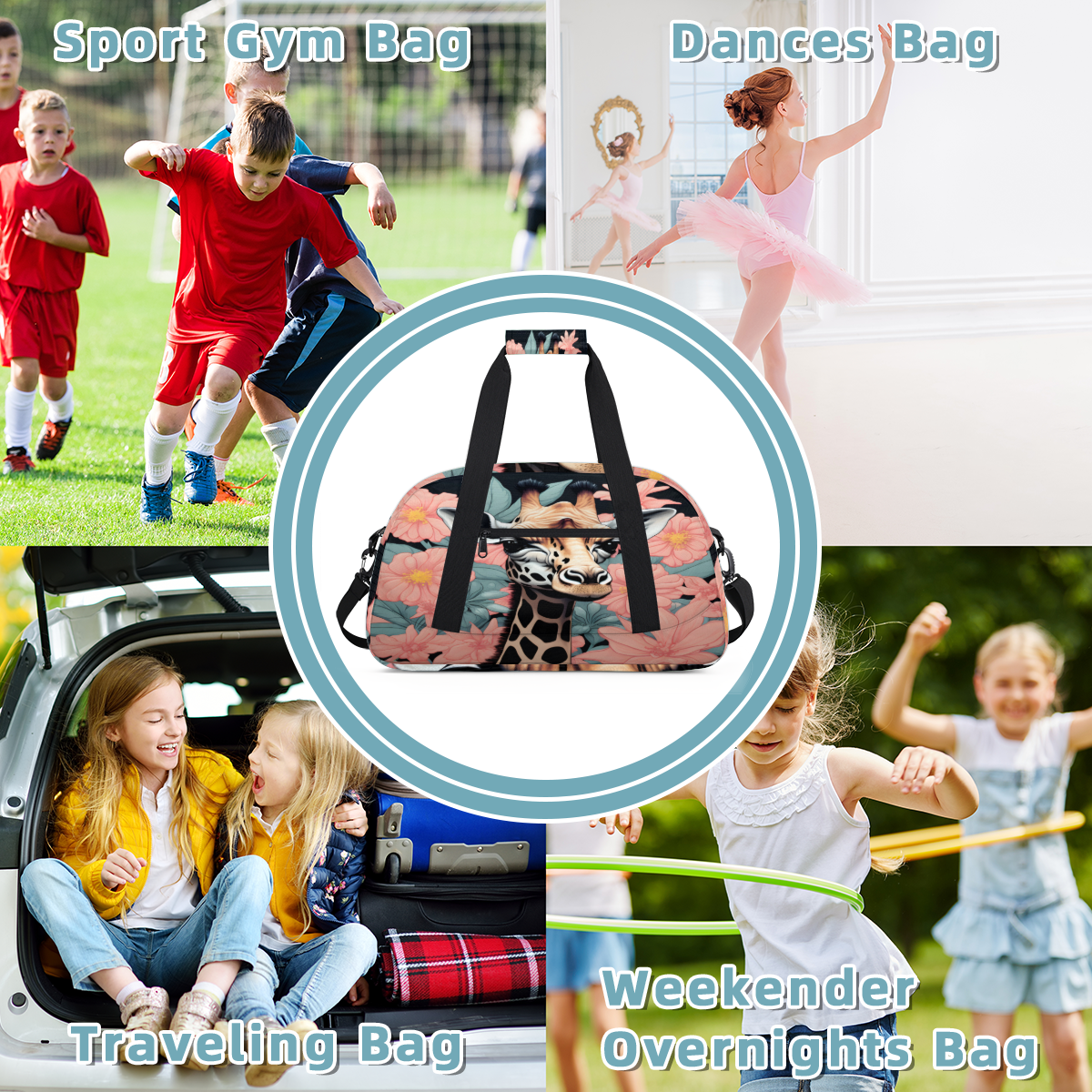Herdesigns Giraffe Sports Duffle Bag for Women & Men, Flower Giraffe Gym Bag Dance Bag Overnight Bag Carry On Weekender Travel Bag