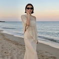 thumbnail image 2 of Awwp Mesh Poncho Womens Poncho Sheer Knit Poncho Shrug Lightweight Cover up One Size Fits Lightweight Summer Pullover Sweater Beige One Size, 2 of 7