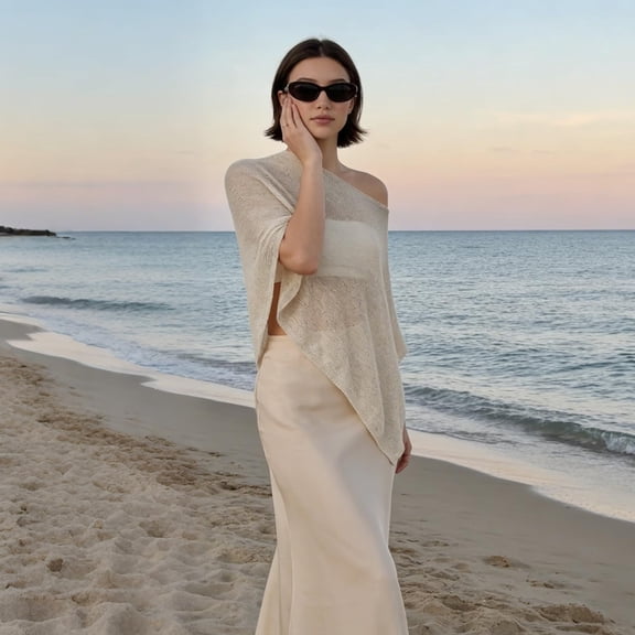 Women Sheer Poncho Top Lightweight Knit Crochet Shrug Bolero Mesh Batwing Sleeve Sweater Cover up Beachwear Summer Sheer Blouse Top for Evening Dress Beige One Size