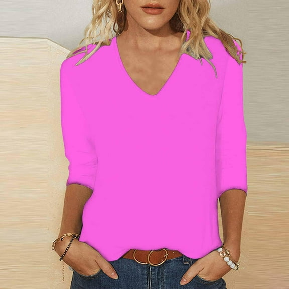 Oversized Tshirts for Women, Summer Solid V Neck 3/4 Sleeve Loose Casual Top, Purple S
