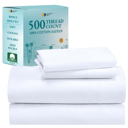 500-Thread-Count 100% Cotton Sheet Pure White Queen-Sheets Set 4-Piece Extra Long-Staple Combed Cotton Best-Bedding Sheets for Bed Soft & Silky Sateen Weave Fits Mattress 16 Deep Pocket