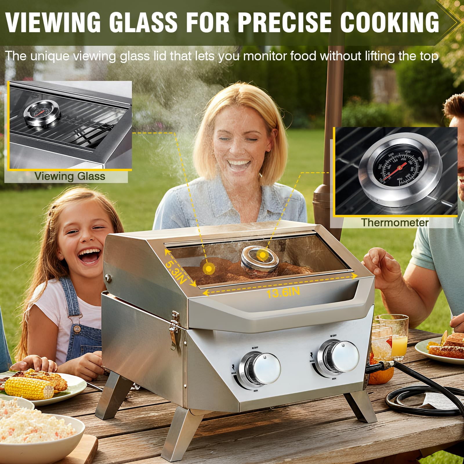 FRIZI 2-Burner Tabletop Gas Grill with Viewing Glass Lid, 20,000 BTU Stainless Steel Portable BBQ Grill with Thermometer and Push-Button Ignition for Camping, RV, Patio, and Tailgating