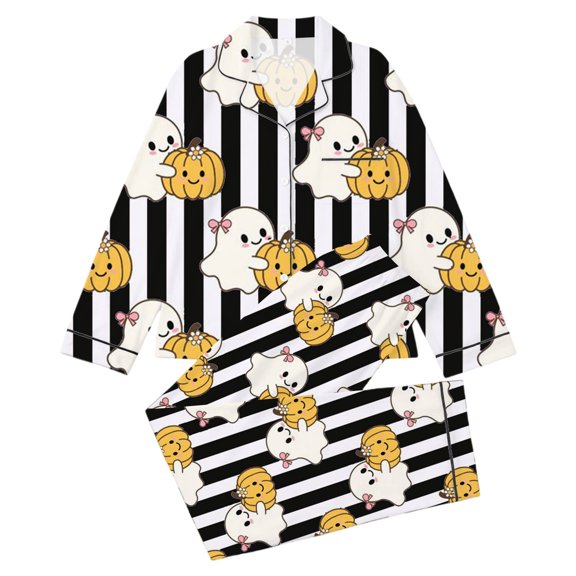 CAIVO Kids Girls Halloween Print Pajama Sets Lapel Long Sleeve Button Down Shirt With Pants 2 Piece Casual Home Nightwear