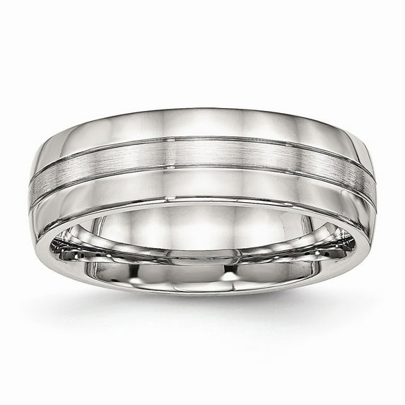 Solid Stainless Steel Men's Matte Brushed Finish and Grooved 6.50mm Wedding Band Ring Size 9.5