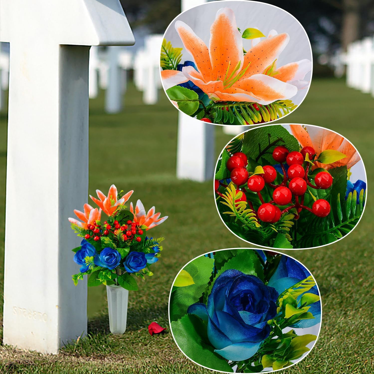Artificial Cemetery Flowers for Grave, Set of 2 Artificial Memorial Flowers with Vase for Outdoor Cemetery Headstones Graveyard Gravestone Decoration (Red Lily&White Purple Peony)