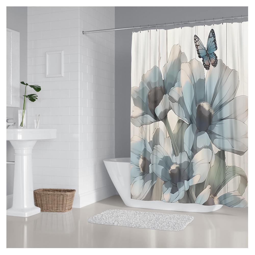 Fraigo Floral Shower Curtain Blue Flowers on Rustic Wood Board