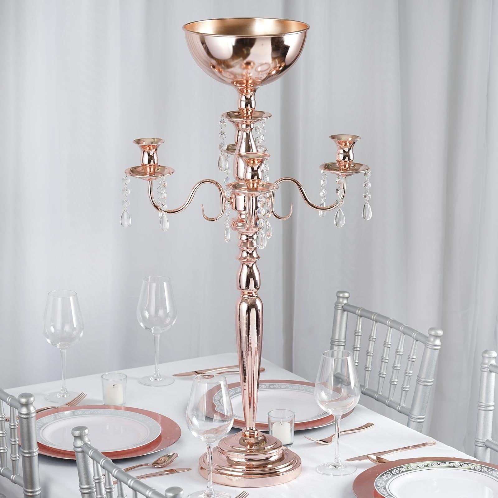 19 inch 5 Arm Crystal Candelabra Wedding Centrepieces Candle Holder Gold Finish 