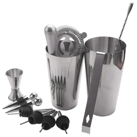 

Stainless Steel Boston Shaker Bar Set Tools with 28Oz/20Oz Shaker Tins Measuring Jigger Mixing Spoon Liquor Pourers Muddler Strainer Ice Tongs and Stoppers