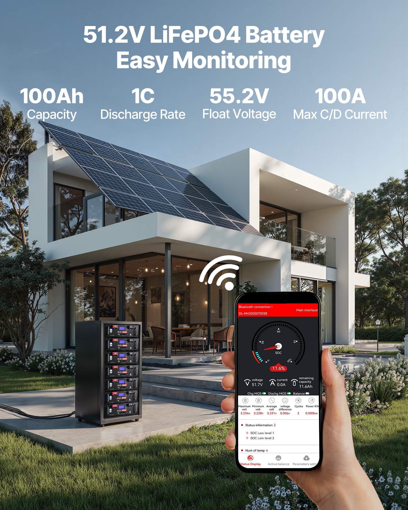 VEVOR 48V 100Ah LiFePO4 Lithium Battery, Built-in 100A BMS, 51.2V Server Rack LiFePO4 Battery with Bluetooth, 5.12kWh Capacity, Max 6000 Cycles, LCD Display, for Off-Grid, Solar System, Backup Power