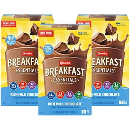 Carnation Breakfast Essentials Nutritional Powder Drink Mix Packets, Rich Milk Chocolate, With Protein, Vitamins & Minerals, 6 Packets/Box (Pack Of 3 Boxes)