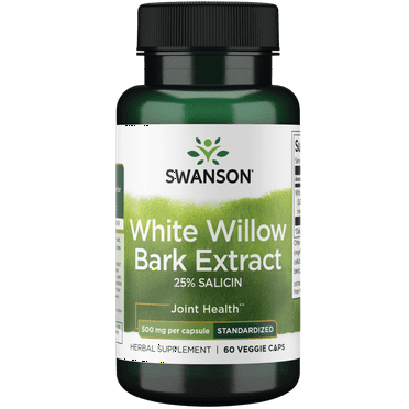 Swanson Maximum Strength White Willow Bark Extract - Promotes Joint Support and Muscle Relief - Standardized to 25% Salicin - Natural Supplement with No Stomach Irritation - 60 Veggie Caps, 500mg Each