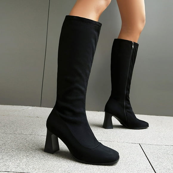 Fankiway Women's Western Style Boots for Women Knee High Block Heel Belt Buckle Fashion Winter Riding Boots Black