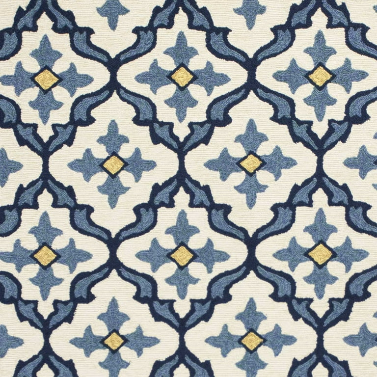 5'X8' Blue Hand Hooked Uv Treated Quatrefoil Indoor Outdoor Area Rug 5'X8' Blue Hand Hooked Uv Treated Quatrefoil Indoor Outdoor Area Rug