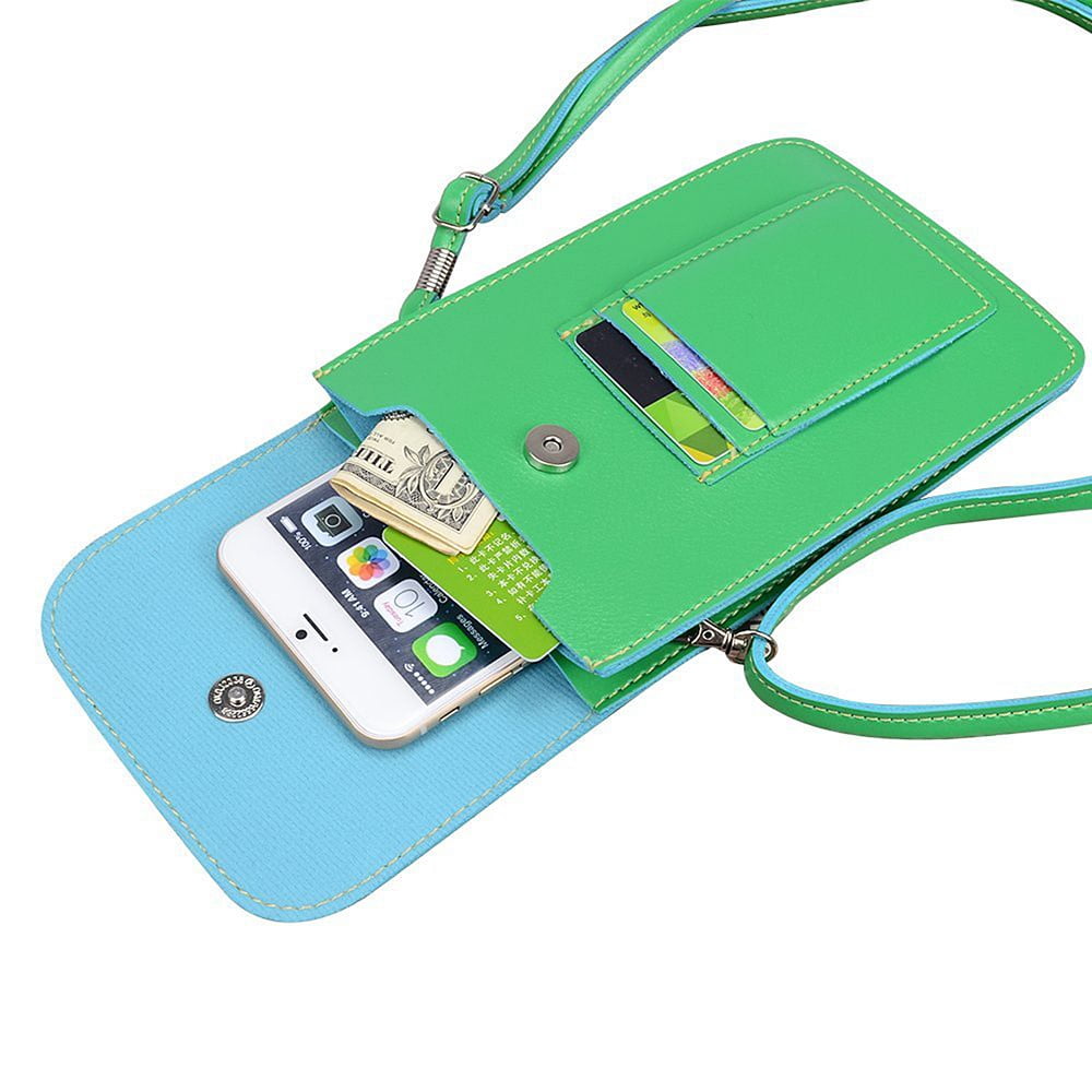 BUNDLE: Vegan Leather Vertical Crossbody Smartphone Pouch Wallet (Green) & Deluxe Stereo Hands-Free Headset (Black) - for Smartphones up to 6.5-inch, Shoulder Strap, Headphones w/ Microphone