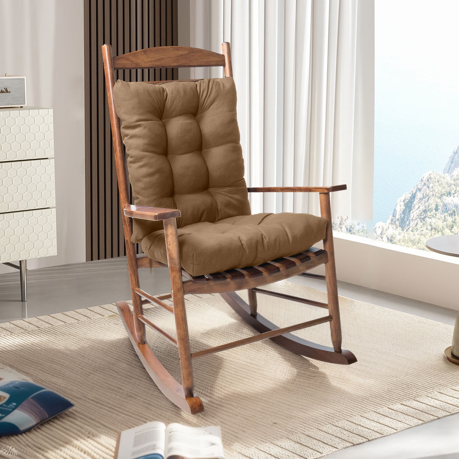 TOPCHANCES Indoor/Outdoor Rocking Chair Cushions Set, 2 Piece Tufted Comfortable Cushions for Rocking Chairs with Non-Slip Ties, Khaki