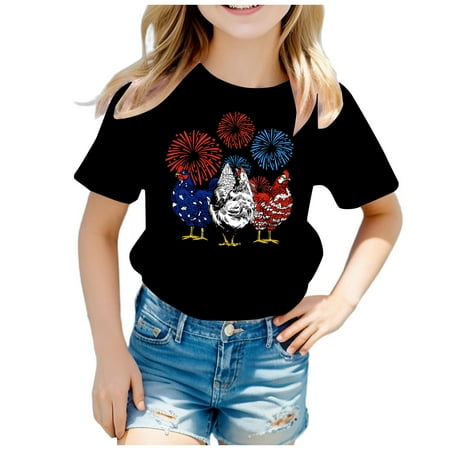 

Girls Summer CasualTops Black-A Children Independence Day Theme Fashion Part Print Short Sleeve Round Neck T Shirt Tops 160