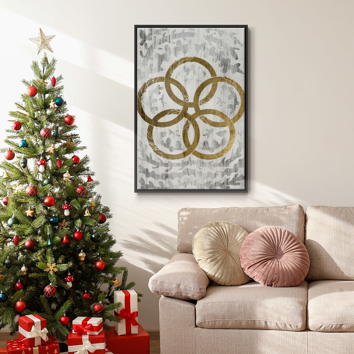 Five Golden Rings - Gold Leaf Holiday - Framed Gallery Wrapped Holiday Canvas - 27 x 41 - Black Frame
