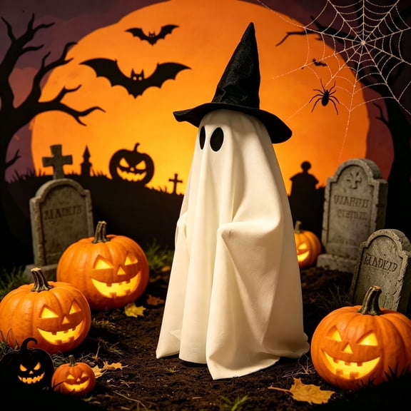 Clearance! Cute Standing Lighted Ghost with Witch Hat, LED Glowing Ghost Statue for Indoor Outdoor Halloween Decor, Spooky Halloween Party Decorations, 18"