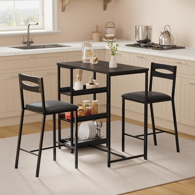 QinaQin Three-Piece Dining Table and Chair Set Includes Storage Space, Two Pu-Padded Dining Chairs for Small Apartments and Bedrooms for Small Homes and Apartments