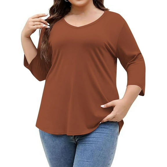 Loopsun Womens Tops Plus Size, Womens 3/4 Sleeve T Shirts, Women's Fashion Casual Solid 3/4 Sleeve Round Neck Pullover Top Brown XXXL