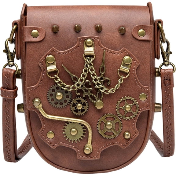 Jiibva Steampunk Gear Crossbody Bags, Retro Shoulder Bag Messenger Bags Adjustable Strap Gothic Shoulder Handbags Rivet Satchel Costume Accessories for Women