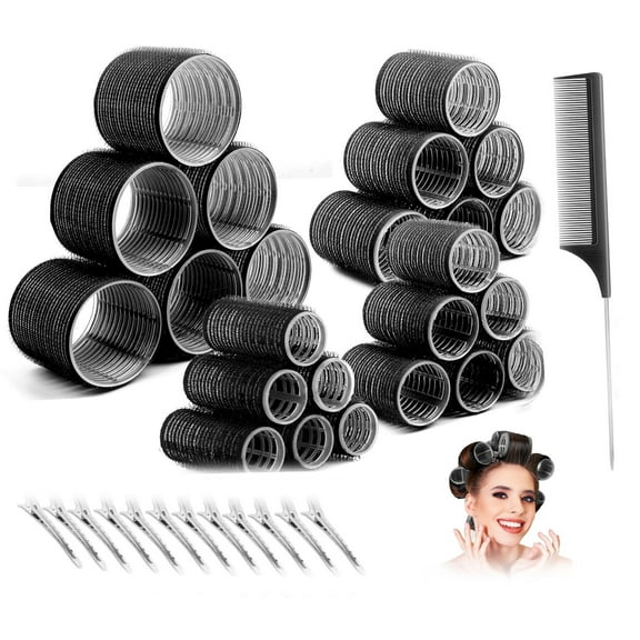 37 Pieces Hair Rollers with Clips,Self Grip Hair Roller Curlers 60mm, 45mm, 36mm and 25mm- 24 Pcs Plastic Hair Roller with 1Comb and 12 Clips Hair Styling Tools for Women (4 Sizes, Black)