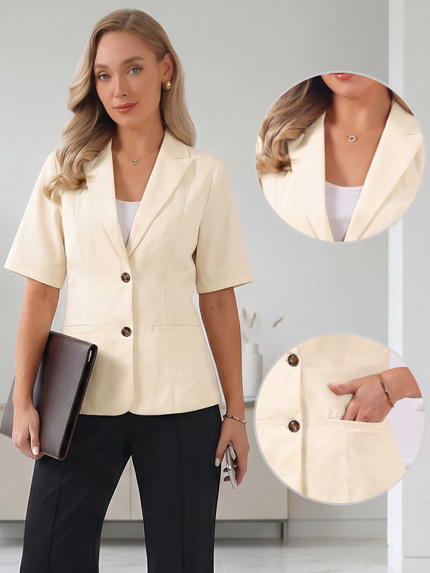 DARING DIVA Women's Linen Short Sleeve Cotton Lapel Collar Blazer S Beige