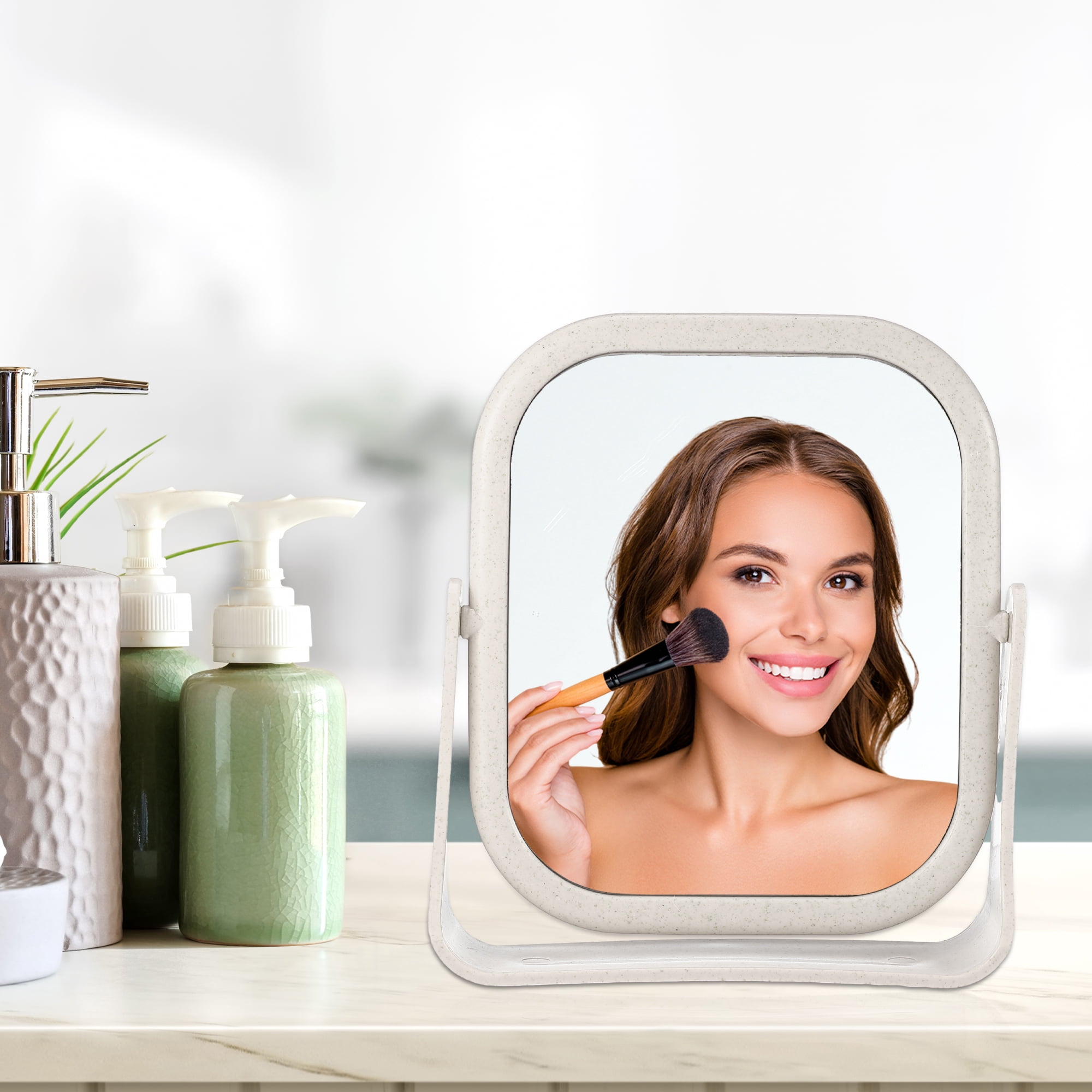 Unique Bargains Plastic Makeup Mirror Double Sided 360 Rotating Beige