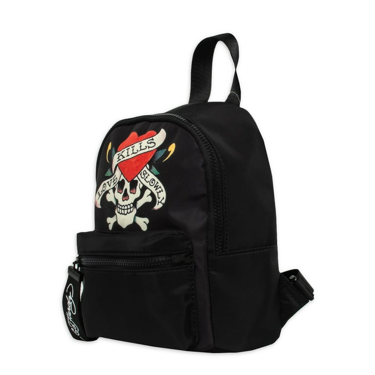 Ed Hardy Black White Checkerboard Skull Tattoo Logo Mini Backpack