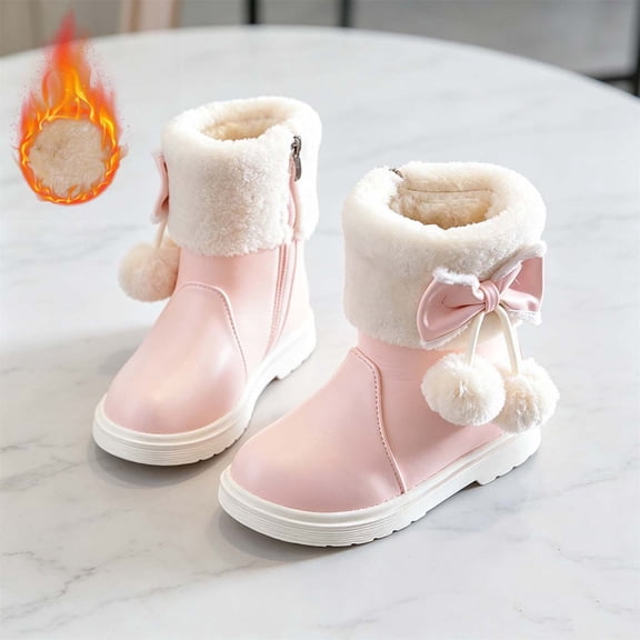Spazoro Girls Faux Fur Lined Snow Boots, Side Zipper Non Slip Winter Cute Decor Casual Outdoor Shoes for Toddler Little Big Kids Pink Size 10
