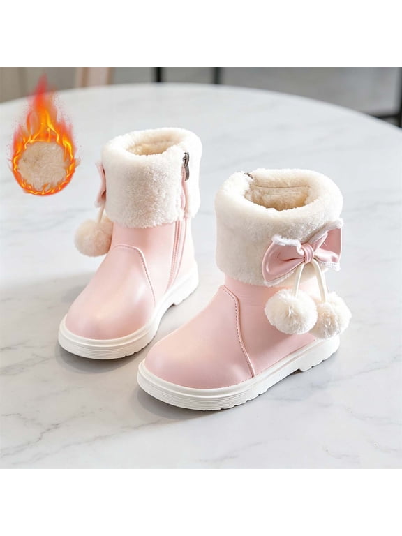 Girls Faux Fur Lined Snow Boots, Side Zipper Non Slip Winter Cute Decor Casual Outdoor Shoes for Toddler Little Big Kids Pink Size 10