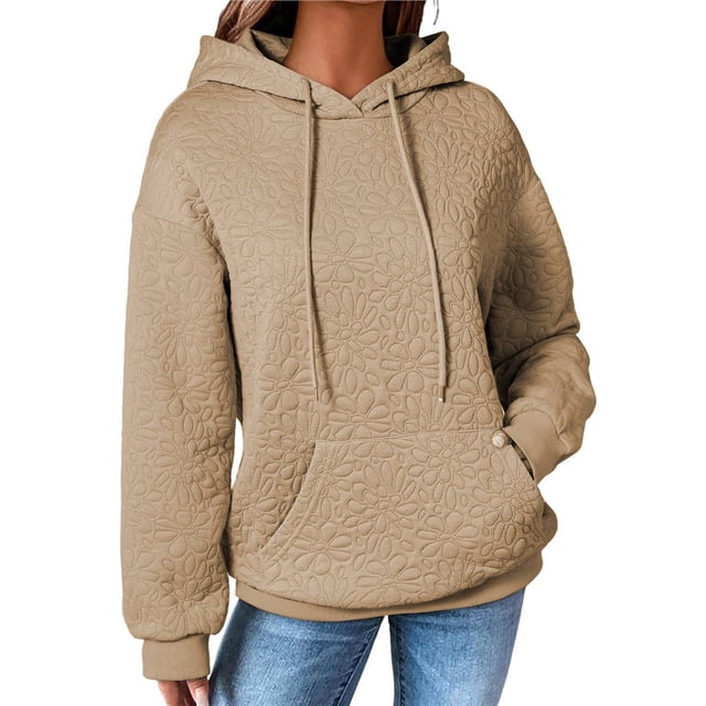 Sudadera con Capucha para Mujer, Informal, de Larga, con Cordón Ajustable, de Jacquard, Estilo Pulóver, Ropa Holgada. Caqui L