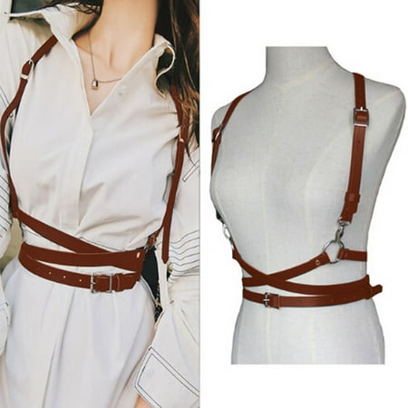 haxmnou punk waist belt women pu pu leather skinny body adjustable belts with gothic circle for party belt strap suspender corset coffee