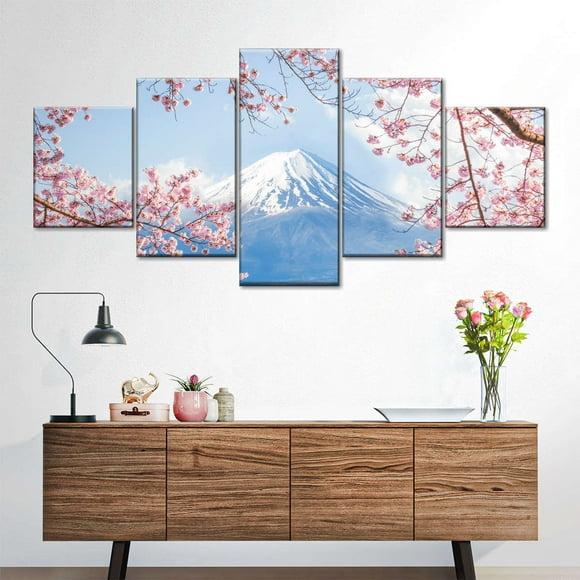 5 Panels Japanese Style Mount Fuji Canvas Painting Wall Pictures Cherry Blossoms Landscape Posters for Living Room Decoration, unframed.,M.