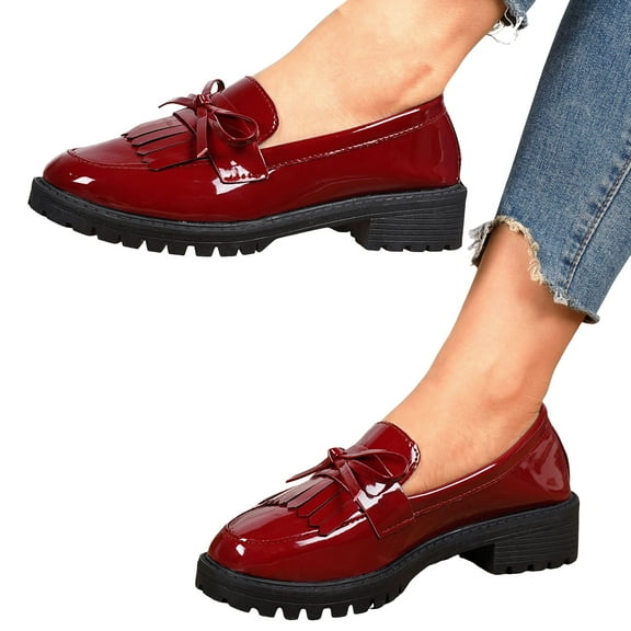 Loafers for Women Trendy Sparkly Leather Bowtie Casual Dress Work Shoes Lug Sole Chunky Heel Round Toe Slip on Penny Loafers Red Size 6.5