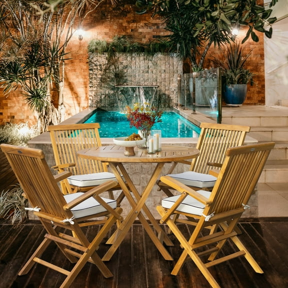 5 Piece Teak Wood Long Beach 47" Round Folding Table with 4 Folding Arm Chairs