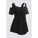 thumbnail image 5 of Camiseta de talla grande con hombros descubiertos para mujer, Top informal negro con hombros descubiertos, plisado, arandela de ojales de Metal, manga corta, línea A, Verano, 5 of 5