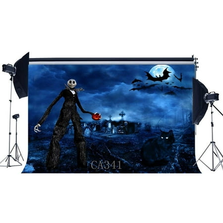 Image of ABPHOTO Polyester 7x5ft Photography Backdrops Halloween Horror Night Mysterious Moon Bats Black Cat Scene Seamless Newborn Baby Adults Masquerade Portraits Photo Background Photo Studio Props