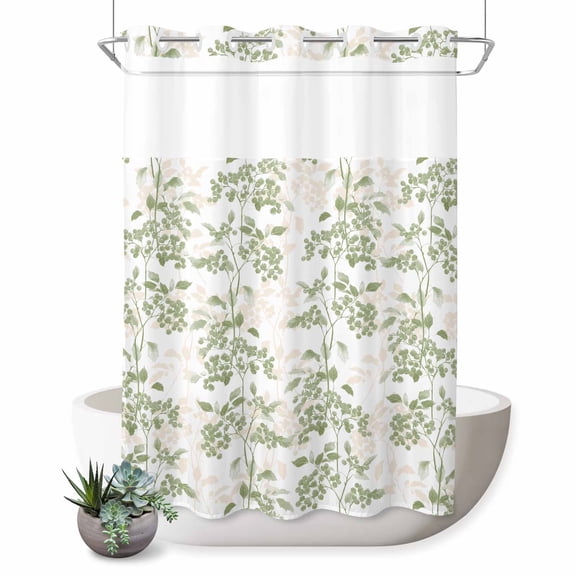 No Hook Shower Curtain with Built-in Rings - Sage Green Floral Washable Waterproof Fabric Bathroom Curtains for Hotel,Rentals, 60 X 72 Inch Long , Vintage Abstract Botanical Pattern